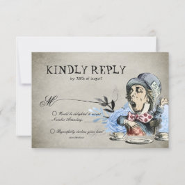 Dusty Blue Alice im Wunderland Mad Hatter Wedding RSVP Karte