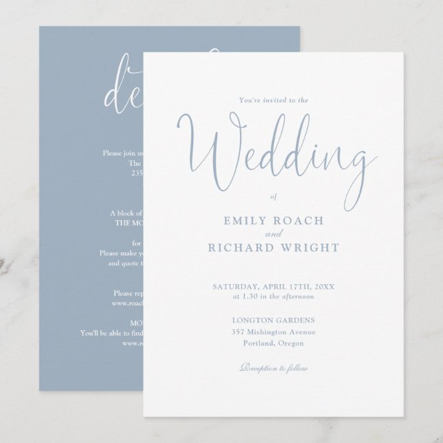 Dusty Blue All in one elegante Script Wedding Einladung (Vorne/Hinten)