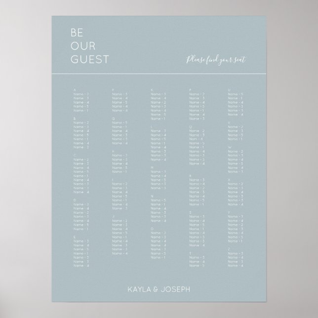 Dusty Blue Alphabetical Wedding Seating Chart Poster (Vorne)
