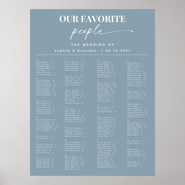 Dusty Blue Alphabetical Wedding Seating Chart Poster (Vorne)