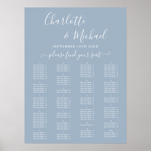 Dusty Blue Alphabetical Wedding Seating Chart Poster (Vorne)
