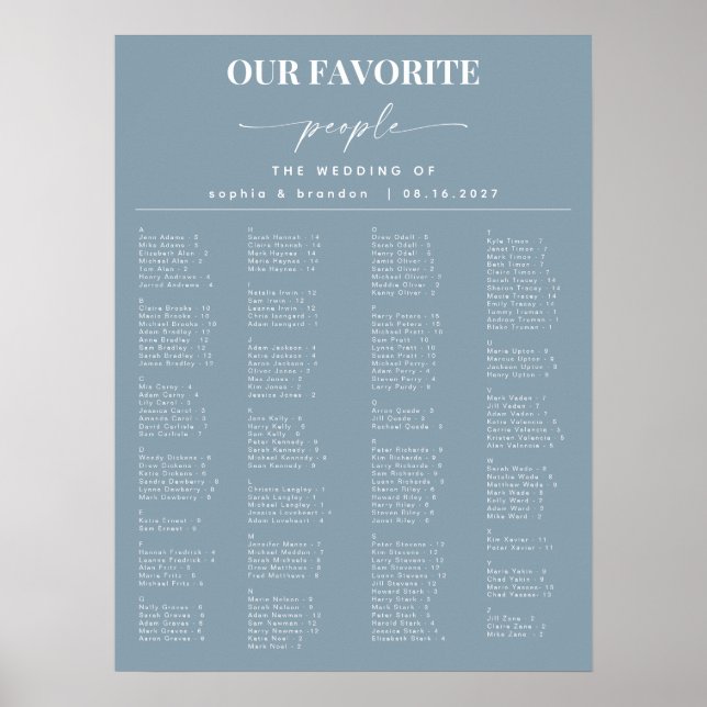 Dusty Blue Alphabetical Wedding Seating Chart Poster (Vorne)