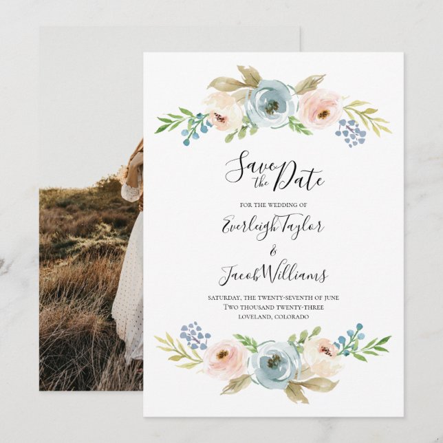Dusty Blue and Blush Foto Wedding Save the Date (Vorne/Hinten)