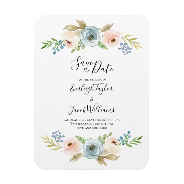 Dusty Blue and Blush Wedding Save the Date Magnet (Vertikal)