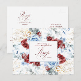 Dusty Blue and Burgundy Red Wedding RSVP Postcard Postkarte