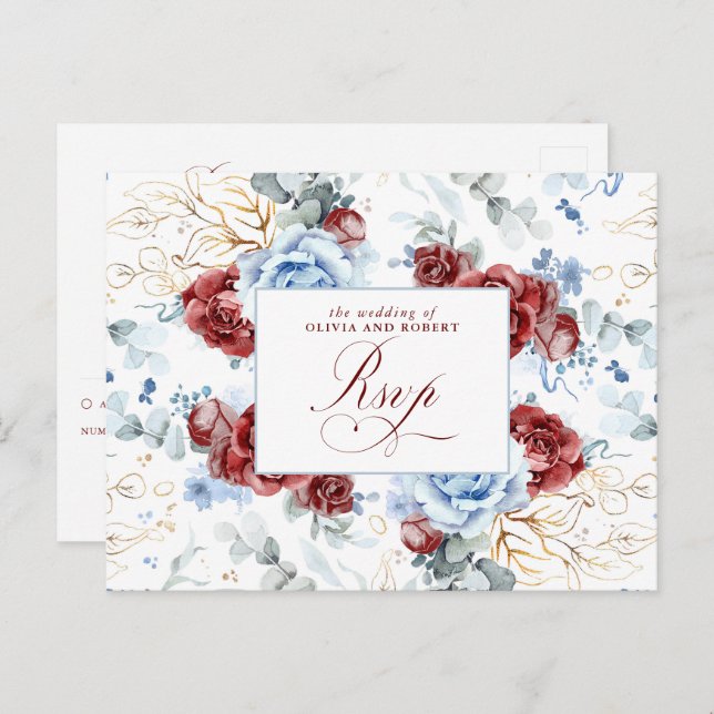 Dusty Blue and Burgundy Red Wedding RSVP Postcard Postkarte (Vorne/Hinten)