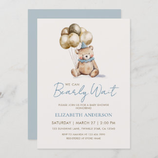 Dusty Blue and Gold Bearly Wait Bear Baby Shower Einladung
