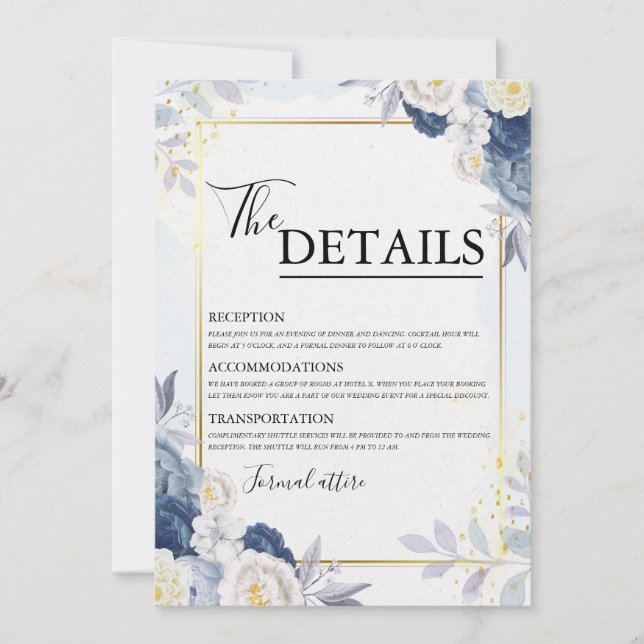 Dusty Blue and Gold Floral Wedding Details Card Einladung (Vorderseite)