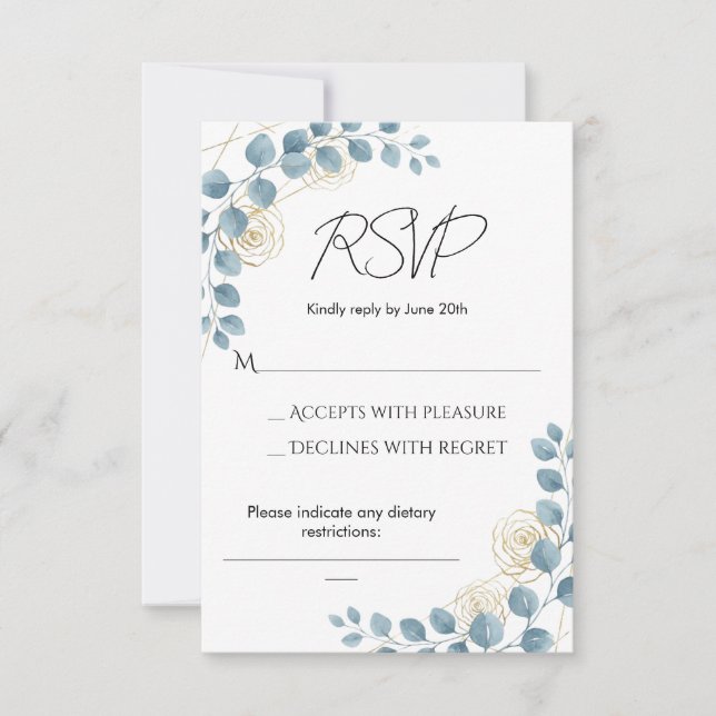 Dusty Blue and Gold Floral Wedding RSVP (Vorderseite)
