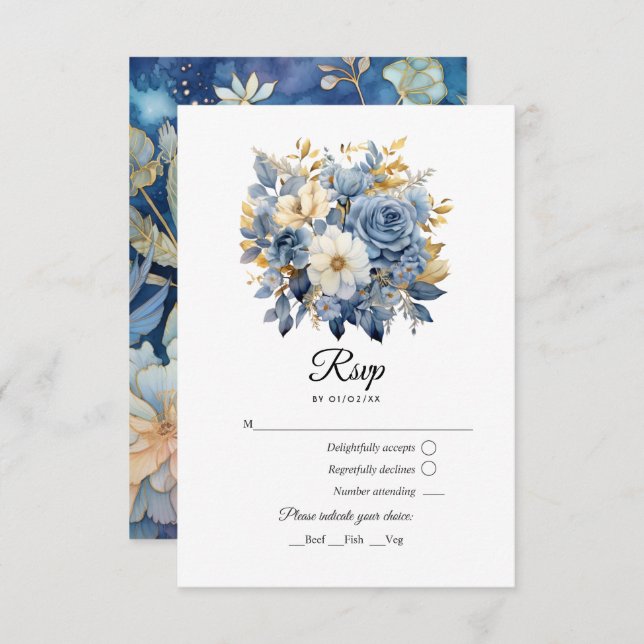 Dusty Blue and Gold Floral Wedding RSVP Karte (Vorne/Hinten)