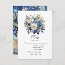 Dusty Blue and Gold Floral Wedding RSVP Karte