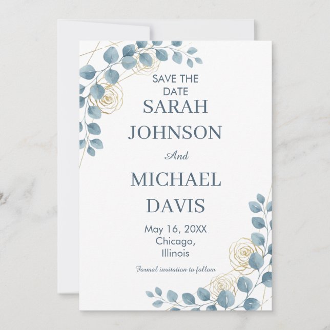 Dusty Blue And Gold Floral Wedding Save The Date (Vorderseite)