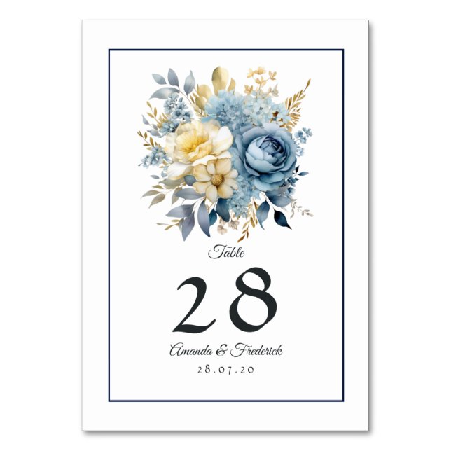 Dusty Blue and Gold Floral Wedding Tischnummer (Vorderseite)