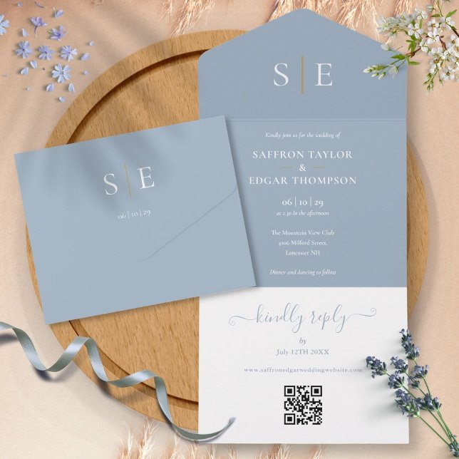 Dusty Blue and Gold Monogram QR Code Wedding All In One Einladung (Dusty Blue And Gold Monogram QR Code Wedding All In One Invitation)