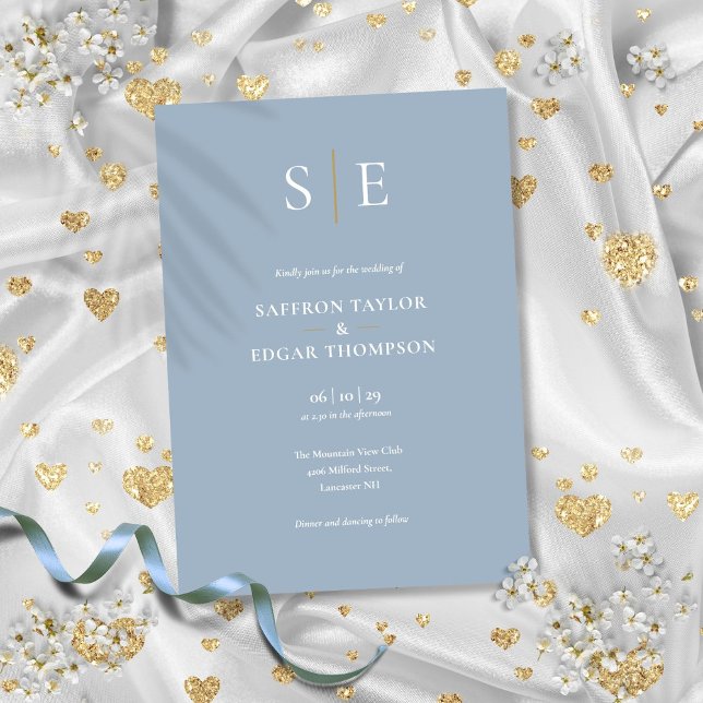 Dusty Blue and Gold Monogram Wedding Einladung (Dusty Blue And Gold Monogram Wedding Invitation)