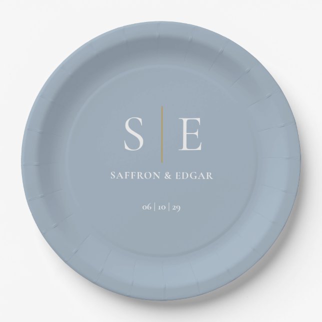 Dusty Blue and Gold Monogram Wedding Pappteller (Vorderseite)
