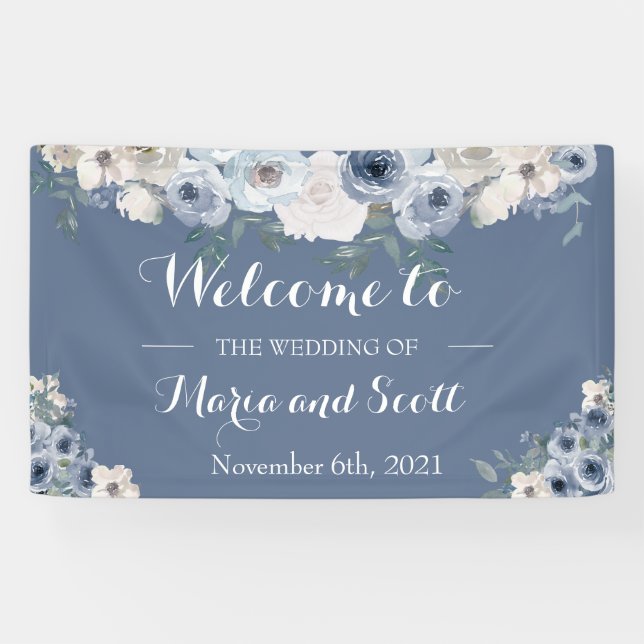 Dusty Blue and Gray Floral Botanical Wedding Banner (Horizontal)