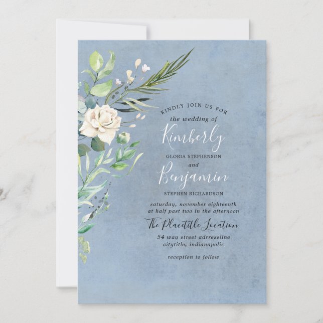 Dusty Blue and Greenery Moderne Hochzeit Einladung (Vorderseite)