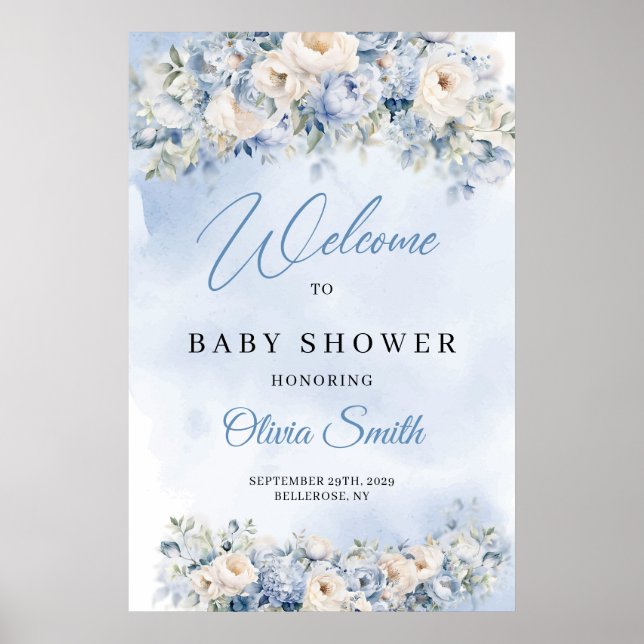 Dusty Blue and Ivory Blume Baby Dusche Empfang Poster (Vorne)