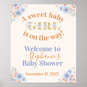 Dusty Blue and Peach Floral Girls Baby Showdusche Poster