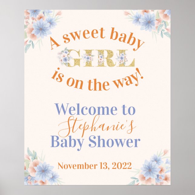 Dusty Blue and Peach Floral Girls Baby Showdusche Poster (Vorne)