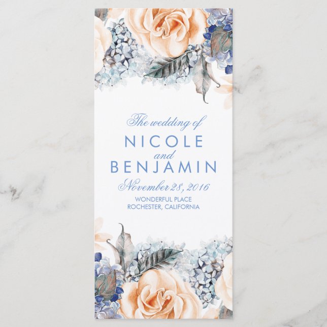 Dusty Blue and Peach Floral Weddings Programme (Vorderseite)