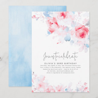 Dusty Blue and Pink Floral Elegante Geburtstag Einladung