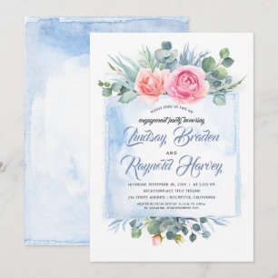 Dusty Blue and Pink Floral Engagement Party Einladung