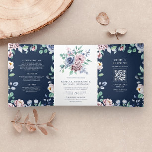 Dusty Blue and Pink Floral Navy QR Code Hochzeit Dreifach Gefaltete Einladung