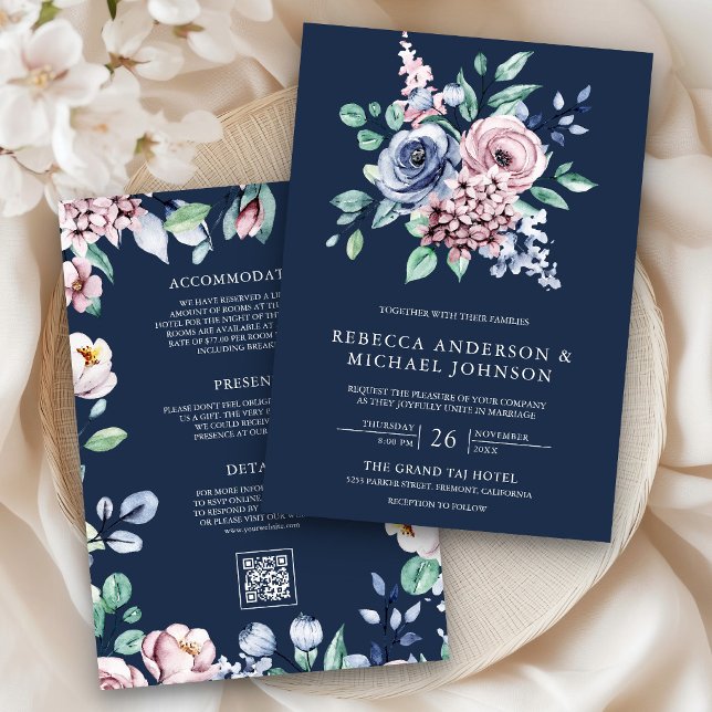 Dusty Blue and Pink Floral QR Code Navy Wedding Einladung (Von Creator hochgeladen)