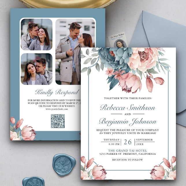 Dusty Blue and Pink Floral QR Code Wedding Einladung (Von Creator hochgeladen)