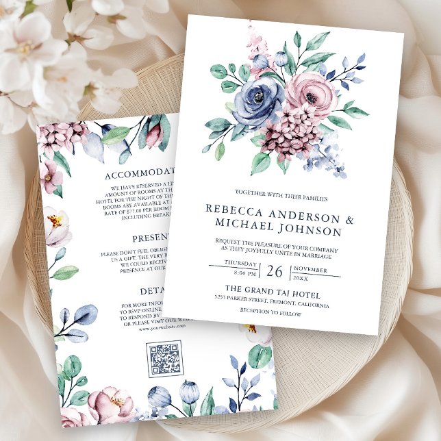 Dusty Blue and Pink Floral QR Code Wedding Einladung (Von Creator hochgeladen)