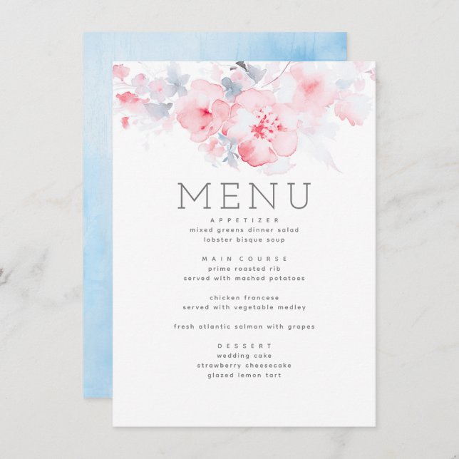 Dusty Blue and Pink Floral Themed Menu Menükarte (Vorne/Hinten)