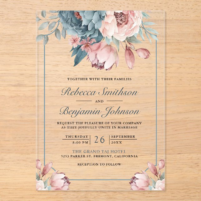 Dusty Blue and Pink Floral Wedding Acryleinladungen (Vorderseite)