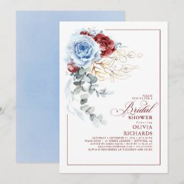 Dusty Blue and Red Floral Botanic Bridal Shower Einladung