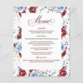 Dusty Blue and Red Floral Elegant Wedding Menu Flyer