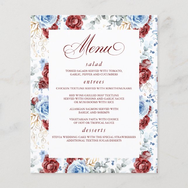 Dusty Blue and Red Floral Elegant Wedding Menu Flyer (Vorne)