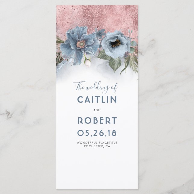 Dusty Blue and Rose Gold Floral WedPrograms Programm (Vorderseite)