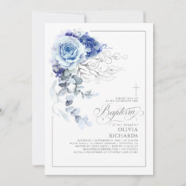 Dusty Blue and Silver Floral Elegant Baptism Einladung