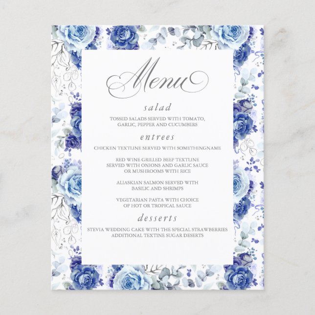 Dusty Blue and Silver Floral Elegant Wedding Menu Flyer (Vorne)