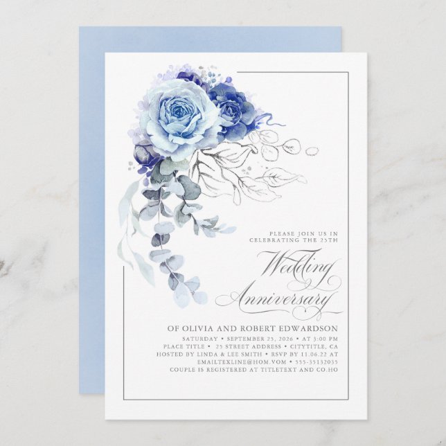 Dusty Blue and Silver Floral Wedding Anniversary Einladung (Vorne/Hinten)