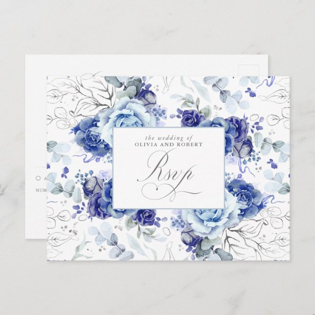 Dusty Blue and Silver Wedding RSVP Postcard Postkarte (Vorne/Hinten)