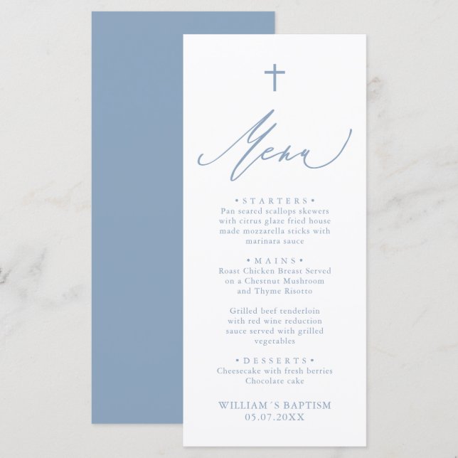 Dusty Blue and White Cross Boy Baptism Menu Card Menükarte (Vorne/Hinten)