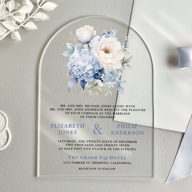 Dusty Blue and White Floral Wedding Acryleinladungen (Von Creator hochgeladen)