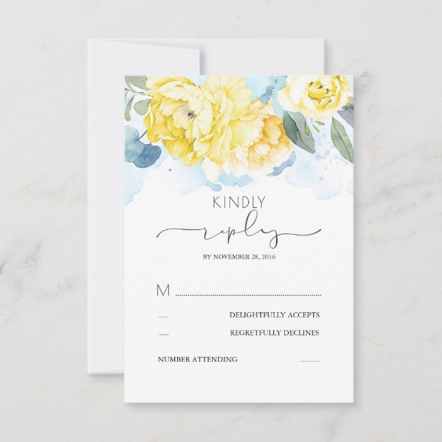 Dusty Blue and Yellow Flowers Wedding RSVP Karte (Vorderseite)