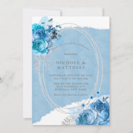 Dusty Blue Aquamarin Silver Peony Wedding Einladung