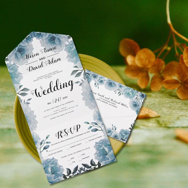 Dusty-blue Aquarell Blume Blumenhochzeit All In One Einladung (Von Creator hochgeladen)