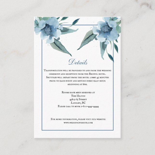 Dusty Blue Aquarell Blume Details Hochzeitskarte Begleitkarte (Vorderseite)