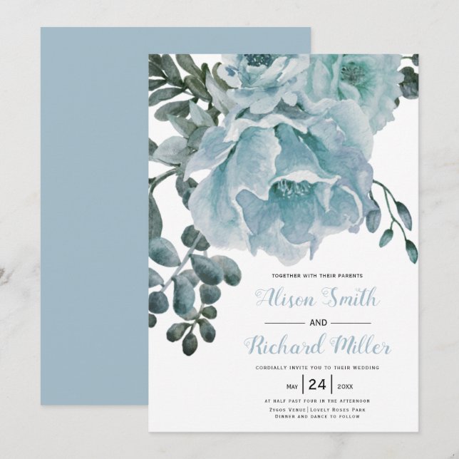 Dusty Blue Aquarell Blume Typografie Hochzeit Einladung (Vorne/Hinten)