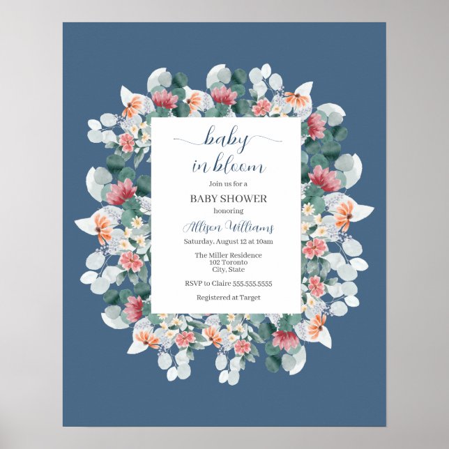 Dusty Blue Aquarell Wildblume Babydusche Poster (Vorne)